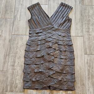 Adrianna Papell Dress Womens 14P Tiered Ruffle Petal V Neck Bronze Iridescent